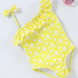 Babyhug Sleeveless V Cut Swimsuit Flower Print - Yellow-image-80