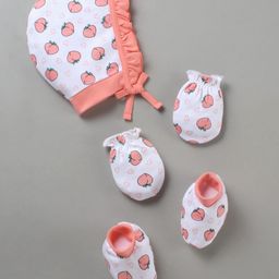 Babyhug 100% Cotton Cap Mitten Booties Set Peach Print - Peach-19