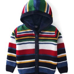 Babyhug Knitted Full Sleeves Front Open Hooded Sweater with Stripes - Multicolour-image-85