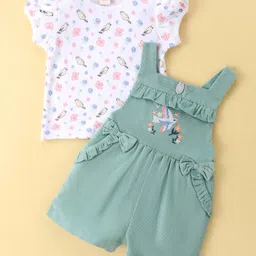 ToffyHouse Cotton Knit Dungaree &Half Sleeves T-Shirt Bird & Floral Embroidery & Bow Applique - Earthen Green-picture-3