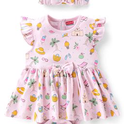 Babyhug 100% Cotton Single Jersey Knit Frill Sleeves Frock Style Onesie with Hairband Beach Theme - Pink-picture-13
