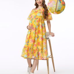 Bella Mama Floral Print Georgette Flutter Sleeves Maternity Dress with Side Pockets - Yellow-image-58