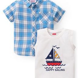 Babyhug Cotton Woven Half Sleeves Checked Shirt With Boat Print T-Shirt - Blue-image-36