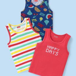 Babyhug 100% Cotton Knit Sleeveless Stripes Sandos with Game & Text Print Pack of 3 - Multicolour-image-34