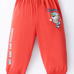 Tango Single Jersey Cotton Knit Full Length Lounge Pant with Bear & Side Text Print - Red-picture-16
