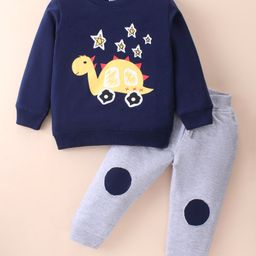 Kookie Kids Cotton Knit Full Sleeves Winter Wear Suit With Dino Patch - Navy & Grey-image-14