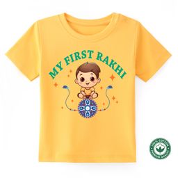 BLUSHES Raksha Bandhan Theme 100% Cotton Half Sleeves My First Rakhi Text Printed Tee - Yellow-image-81