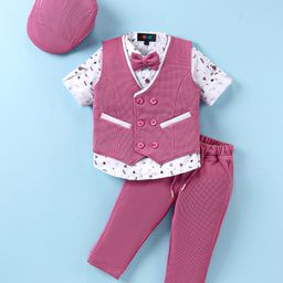 Robo Fry Lycra Knit Full Sleeves Printed Full Sleeves Textured  3 Piece Party Suit with Bow & Hat - Pink-image-44