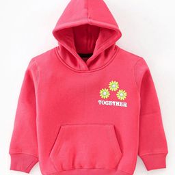 Doreme Fleece Knitted Full Sleeves Hooded Sweatshirt With Floral Print & Kangaroo Pockets - Dark Pink-image-41