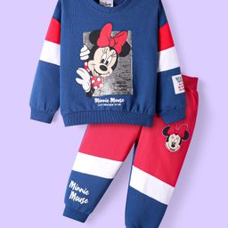 Babyhug Disney Cotton Knit FullSleeves Cut & Sew Minnie Mouse Printed Sweatshirt & Track Set with Sequin & Badge Detailing- Blue & Red-image-96