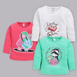 Nottie Planet Pack Of 3 Cotton Full Sleeves Girl & Deer Printed Tees - Rani White & Green-image-33