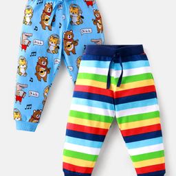 Babyhug Single Jersey Knit Full Length Lounge Pants with Animal & Strips Print Pack of 2 - Light Blue & Navy Blue-image-26
