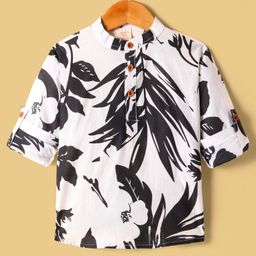 Rikidoos Full Sleeves Leaves Printed Kurta Style Shirt - White-picture-47