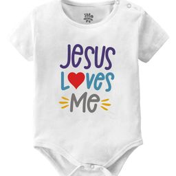 Baby Buzz 100% Cotton Half Sleeves Jesus Loves Me Text Printed Onesie - White-image-84