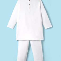 Pine Kids Cotton Woven Mandarin Collar Full Sleeves Solid Colour Kurta Pyjama Set - White-image-98