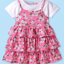Babyhug Cotton Knit Frock & Half Sleeves Inner Tee With Floral Print - Pink & White-image-30