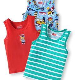 Babyhug 100% Cotton Knit Sleeveless Sandos with Stripes & Bear Print Pack of 3 - Red Blue & Mint Green-image-15