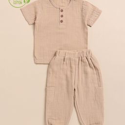 Cot & Candy Organic Cotton Half Sleeves Solid Tshirt With Lounge Pant - Latte-image-1