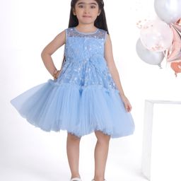 Ministitch Net Sleeveless Floral Embroidered Tiered Dress - Sky Blue-image-81