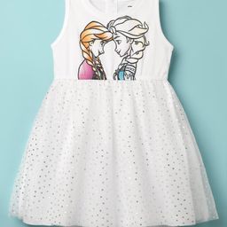 Babyhug Disney Single Jersey Knit Sleeveless Frock with Elsa & Anna Graphics with Foil Print & Mesh Detailing - White-image-82