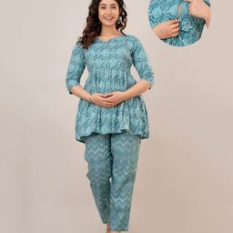 CeleBravo Rayon Three Fourth Sleeves Paisleys Printed Maternity Kurta With Nursing Access & Pant Set - Teal Blue-image-23
