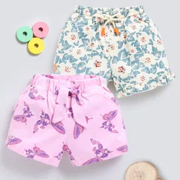Biskid Sinker Pack Of 2 Floral & Leaves Printed Shorts - Beige Blue & Pink-picture-4