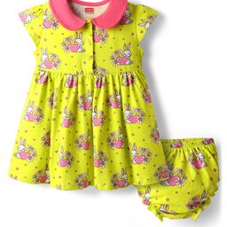 Babyhug Single Jersey Knit Cap Sleeves Peter Pan Frock & Bloomer With Bunny Print - Limegreen-image-59