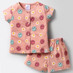 First Smile Sinker Knit Half Sleeves Shorts Co-Ord Night Suit with Smiley Print - Pink-image-58