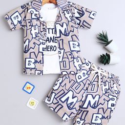 Ministitch Cotton Half Sleeves Typography Printed Shirt With Coordinating Shorts & Inner Tee Set - Beige-image-74