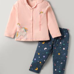 CUCUMBER Sinker Knit Full Sleeves Night Suit With Unicorn Print - Baby Pink-image-40