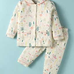 CUCUMBER Sinker Knit Full Sleeves Co-ords Night Suit With Floral Print - Cream-image-76