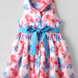 Tweetoons Knit Sleeveless Front Open Frock With Floral Print & Belt - Blue-image-96