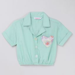 Taffykids Viscose Linen Knit Half Sleeves Heart Pocket Detailed Crop Top - Mint Green-picture-21