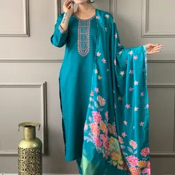 Growdamy Floral Yoke Design Thread Work Chanderi Silk Kurta With Trousers & Dupatta-picture-40
