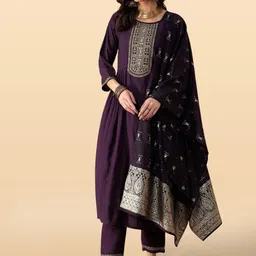 Anouk Rustic Floral Yoke Design Round Neck Zari A-Line Kurta With Trousers With Dupatta-46