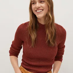 MANGO Women Rust Red Ribbed Pullover-picture-36
