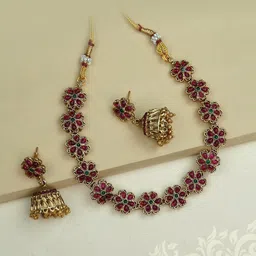 Diksha collection Brass-Plated Stone Studded & Beaded Matte Finish Jewellery Set-image-66