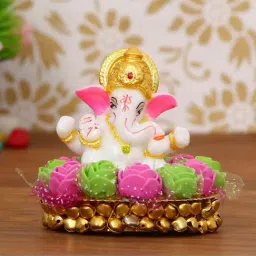 eCraftIndia Lord Ganesha Idol on Decorative Handcrafted Plate with Pink and Green Flowers-14