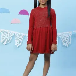 BIBA Girls Cherry Red Cotton Self Pattern Dress-image-52