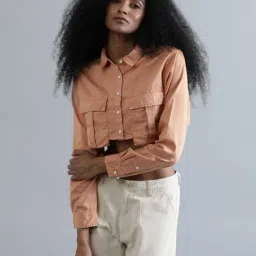 Bene Kleed Light Peach Cotton Regular Fit Crop Shirt-image-24