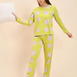 Sweet Dreams Lime Green & Lavender Cotton Floral Print T-Shirt With Pyjamas-image-99