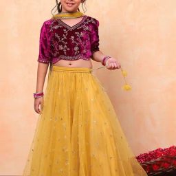 BIBA Girls Wine & Yellow Embellished Lehenga, Choli with Dupatta-image-65