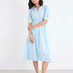 Styli Light Blue Cotton Embroidered A-Line Dress-image-62