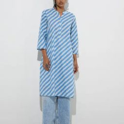 Utsa by Westside Blue Stripe Patterned Cotton Straight Kurta-image-51