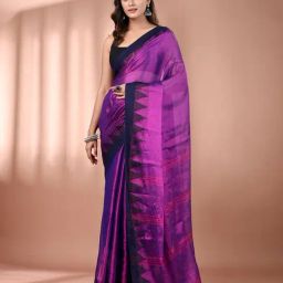 CHARUKRITI Purple Blended Solid Saree With Unstitched Blouse-image-20