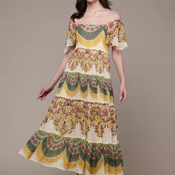 Label Ritu Kumar Floral Print Off-Shoulder Flared Sleeve Georgette Maxi Dress-image-15