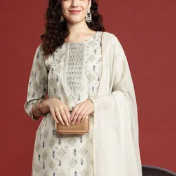 Anouk Ethnic Motifs Printed Regular Thread Work Kurta with Trousers & Dupatta image 1