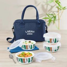 Larah by Borosil White Geo Green Opalware Lunch Box with 4 pc Round Container Set & Bag (400 ml)-40