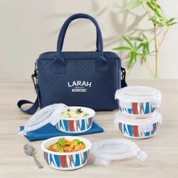 Larah by Borosil White Geo Orange Opalware Lunch Box with 4 pc Round Container Set & Bag (400 ml)-image-62