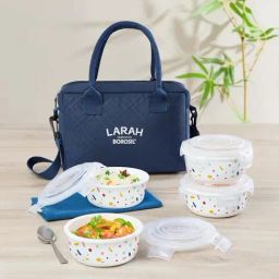 Larah by Borosil White Aria Opalware Lunch Box with 4 pc Round Container Set & Bag (400 ml)-19